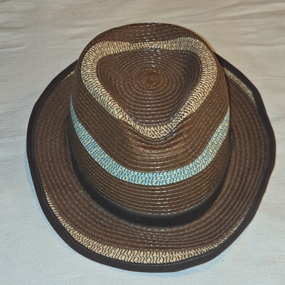 Som-Her Brown Straw Fedora Hat Woven Teal Stripe Faux Leather Band Size Large
